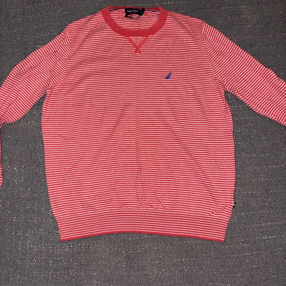 Nautica Men's Red and White Striped Crewneck Sweater